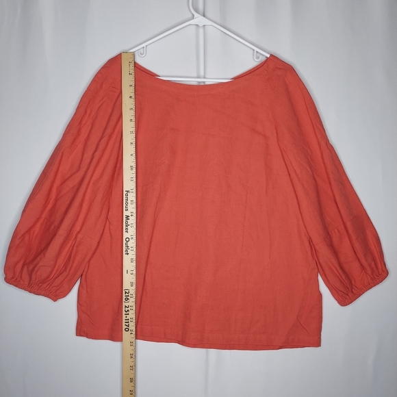 Loft Linen Blend Top Women Large Peasant 3/4 Bishop Sleeve Boho Minimalist Coral - Picture 5 of 9